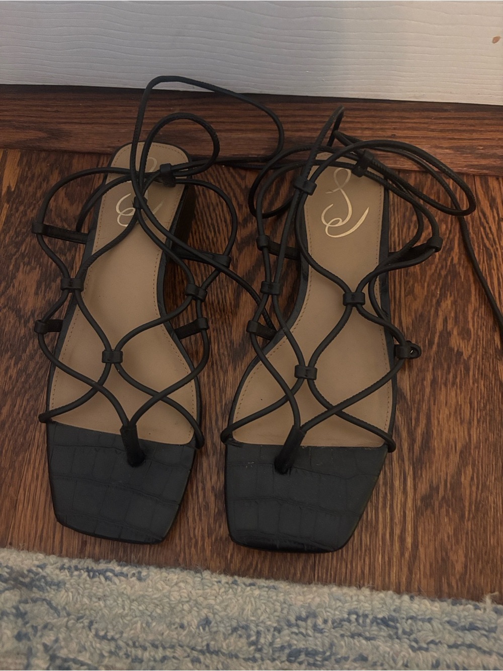 Sam Edelman Black Lace-Up Square Toe Strappy Sandals
